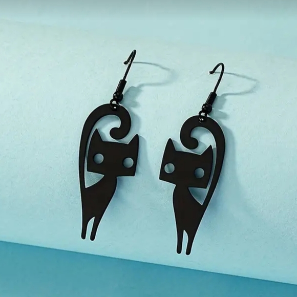 NEW! Halloween Black Cat Dangle Earrings 2" Mid Century Modern, on trend! - Picture 3 of 5